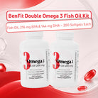 BenFit Double Omega 3 Fish Oil Kit featuring two Omega-3 Fish Oil 1200 mg bottles with 216 mg EPA, 144 mg DHA, and 200 softgels each for daily heart and circulatory support.