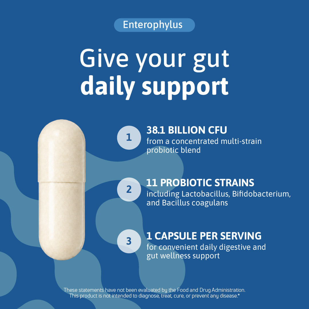 Enterophylus probiotic supplement highlighting 38.1 billion CFU, 11 probiotic strains, and one capsule per serving for daily gut wellness support.