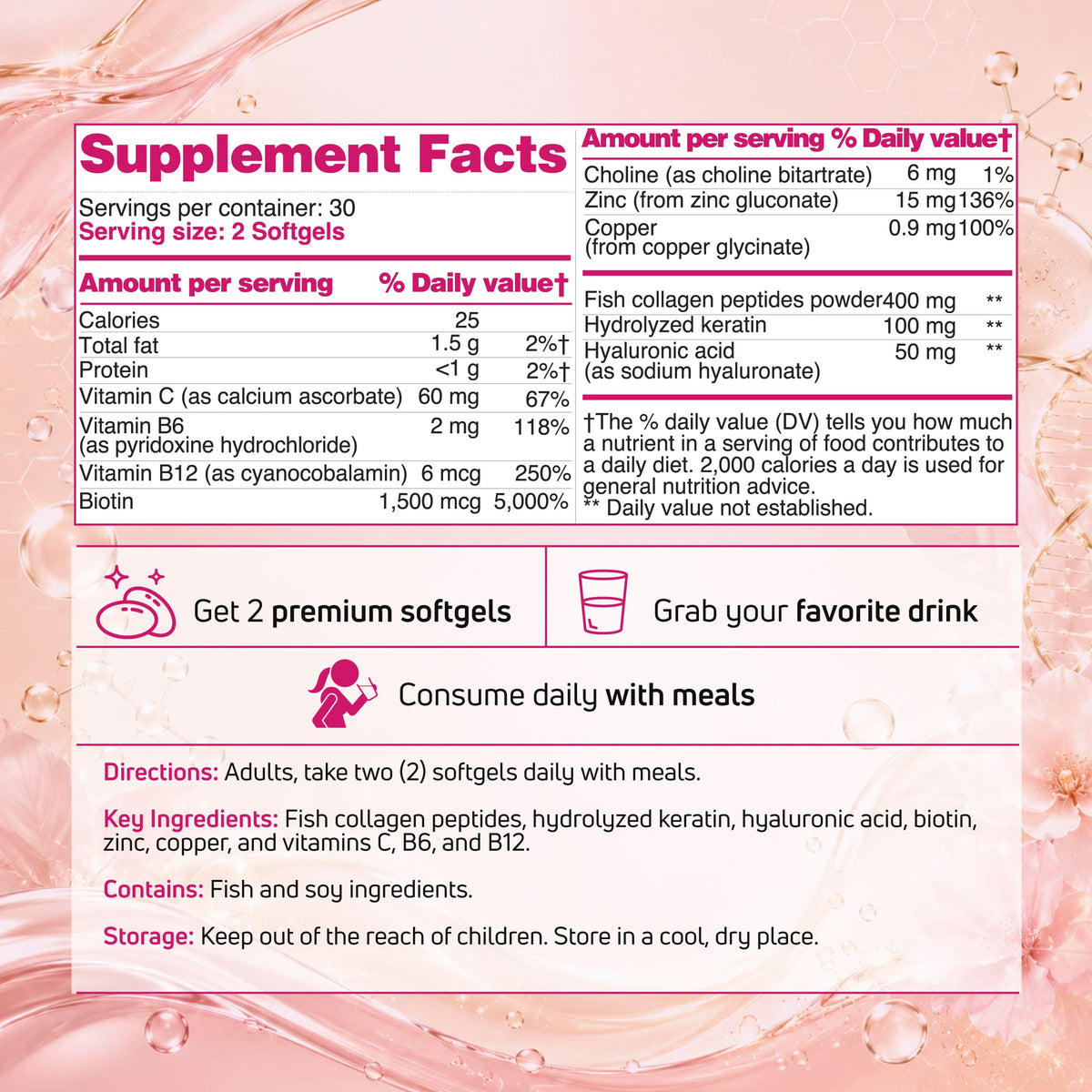 Supplement facts and serving directions for the 3 Beauty softgels included in the BenFit Ganoderma + Collagen Immune & Beauty Wellness Duo.