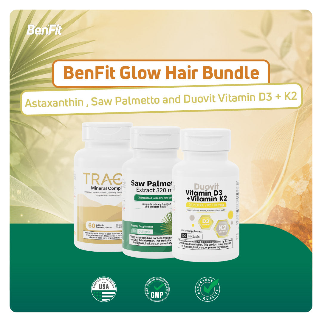 BenFit Glow Hair Bundle featuring Trace Mineral Complex with astaxanthin, Saw Palmetto extract, and Duovit Vitamin D3 + K2 supplements for daily hair and wellness support.
