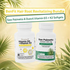 BenFit Hair Root Revitalizing Bundle featuring Saw Palmetto extract and Duovit Vitamin D3 + K2 softgels to support healthy hair roots and daily wellness.