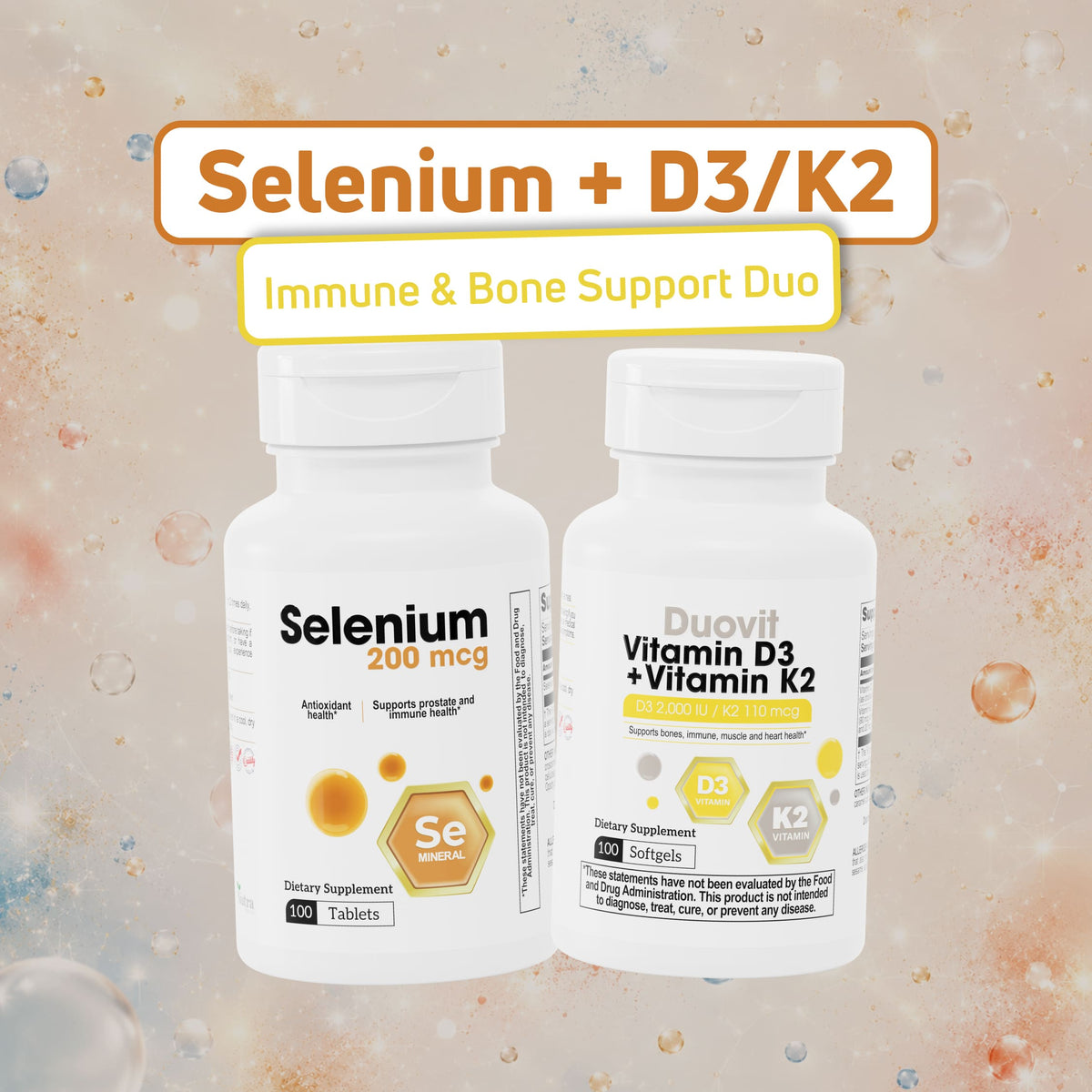 BenFit Immune & Bone Support Duo featuring Selenium 200 mcg and Duovit Vitamin D3 + K2 softgels for daily immune and bone health support.