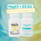BenFit Bone & Muscle Support Duo featuring MagX3 magnesium and Vitamin D3 + K2 dietary supplements for daily wellness support.