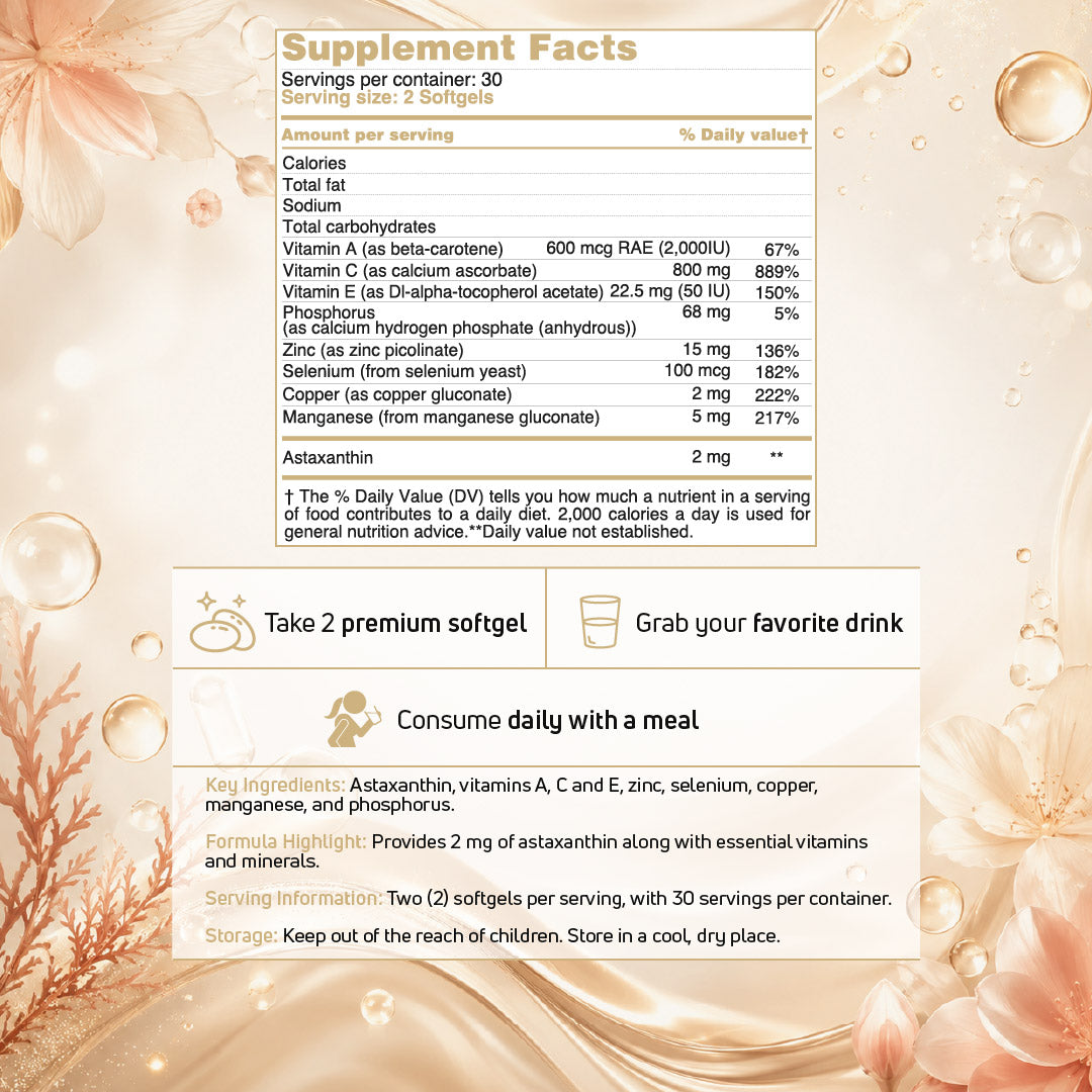 Supplement facts and serving information for the Trace Mineral Complex with astaxanthin, vitamins, and minerals included in the BenFit Mermaid Glow Bundle.
