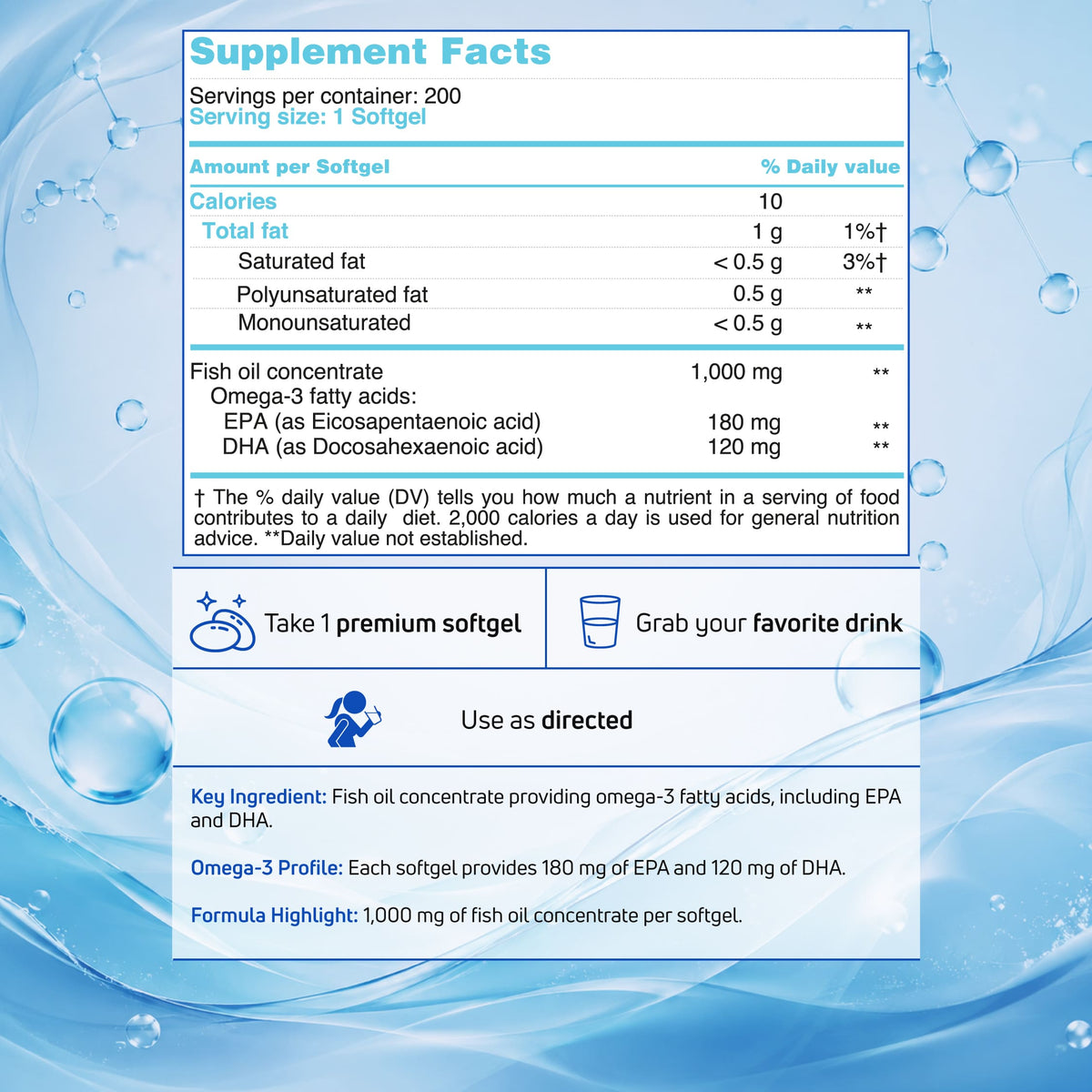 BenFit Omega 3 Fish Oil supplement facts panel showing EPA and DHA omega-3 fatty acids, serving directions, and key ingredient information.