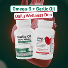 BenFit Daily Wellness Duo featuring Omega-3 Fish Oil and Garlic Oil dietary supplements for everyday cardiovascular and wellness support.