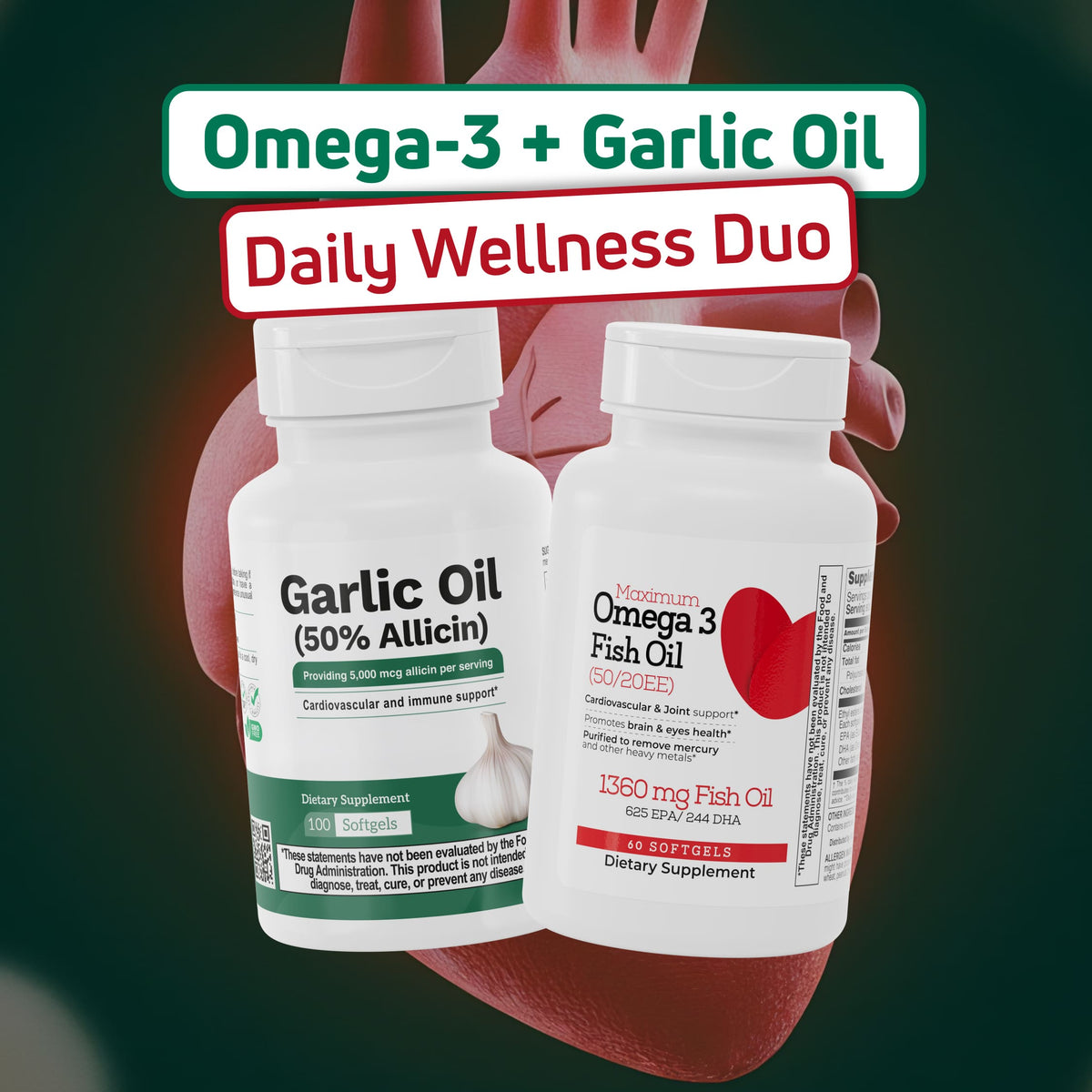BenFit Daily Wellness Duo featuring Omega-3 Fish Oil and Garlic Oil dietary supplements for everyday cardiovascular and wellness support.