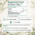 Supplement facts and serving directions for the Garlic Oil softgels included in the BenFit Omega-3 + Garlic Oil Daily Wellness Duo.