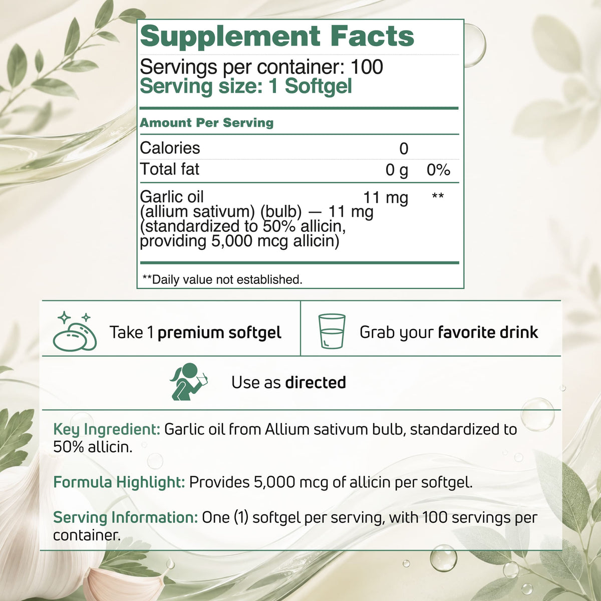 Supplement facts and serving directions for the Garlic Oil softgels included in the BenFit Omega-3 + Garlic Oil Daily Wellness Duo.