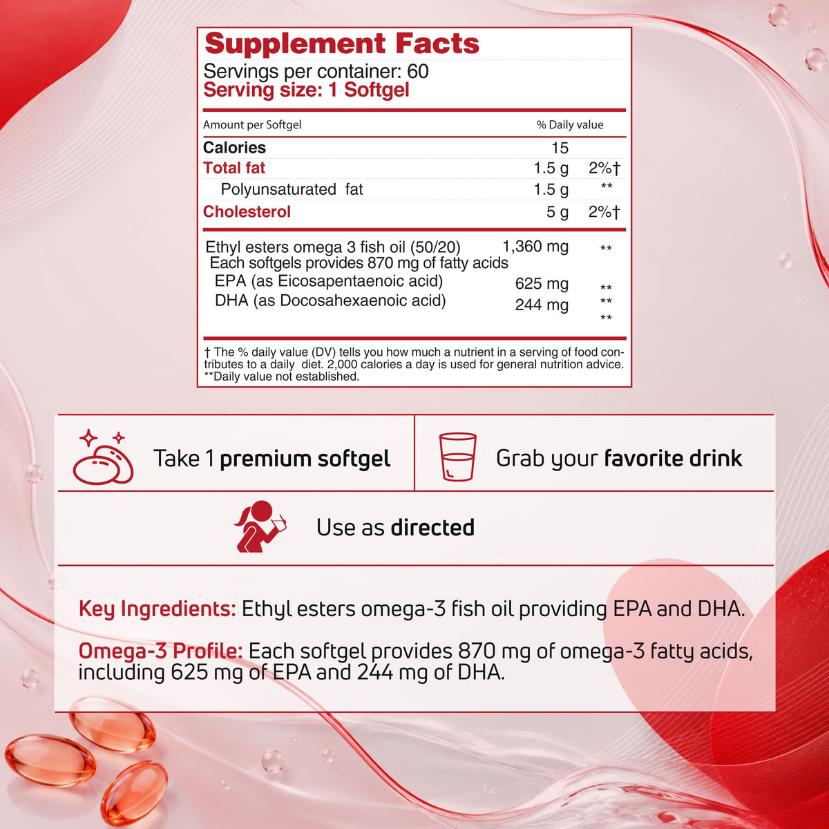 Supplement facts and serving directions for the Omega-3 Fish Oil softgels included in the BenFit Omega-3 + Garlic Oil Daily Wellness Duo.