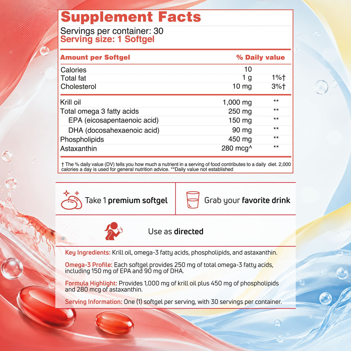 Supplement facts and serving directions for the Krill Oil softgels included in the BenFit Omega-3 + Krill Oil Heart & Brain Wellness Duo.
