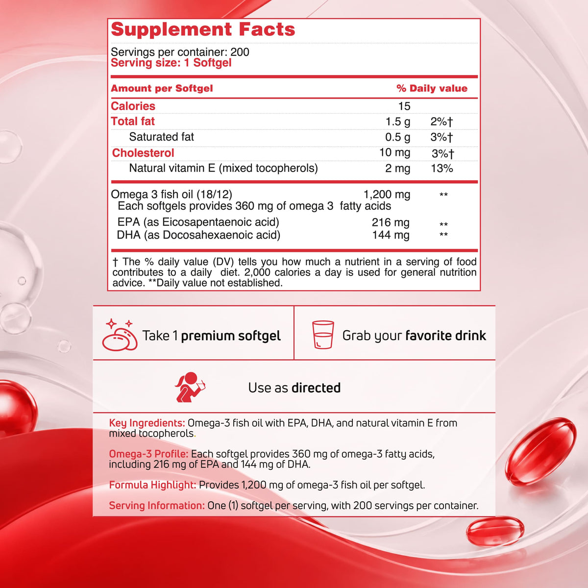 Supplement facts and serving directions for the Omega-3 Fish Oil softgels included in the BenFit Omega-3 + Krill Oil Heart & Brain Wellness Duo.