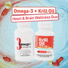 BenFit Heart & Brain Wellness Duo featuring Omega-3 Fish Oil and Krill Oil dietary supplements for daily cardiovascular and cognitive wellness support.