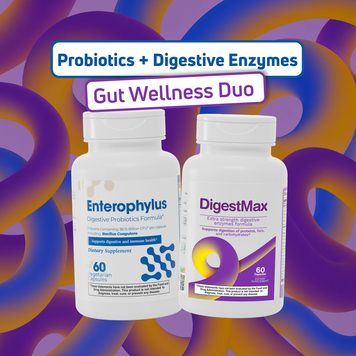 BenFit Gut Wellness Duo bundle featuring Enterophylus Probiotic Formula and DigestMax Digestive Enzymes dietary supplements for digestive and gut health support.