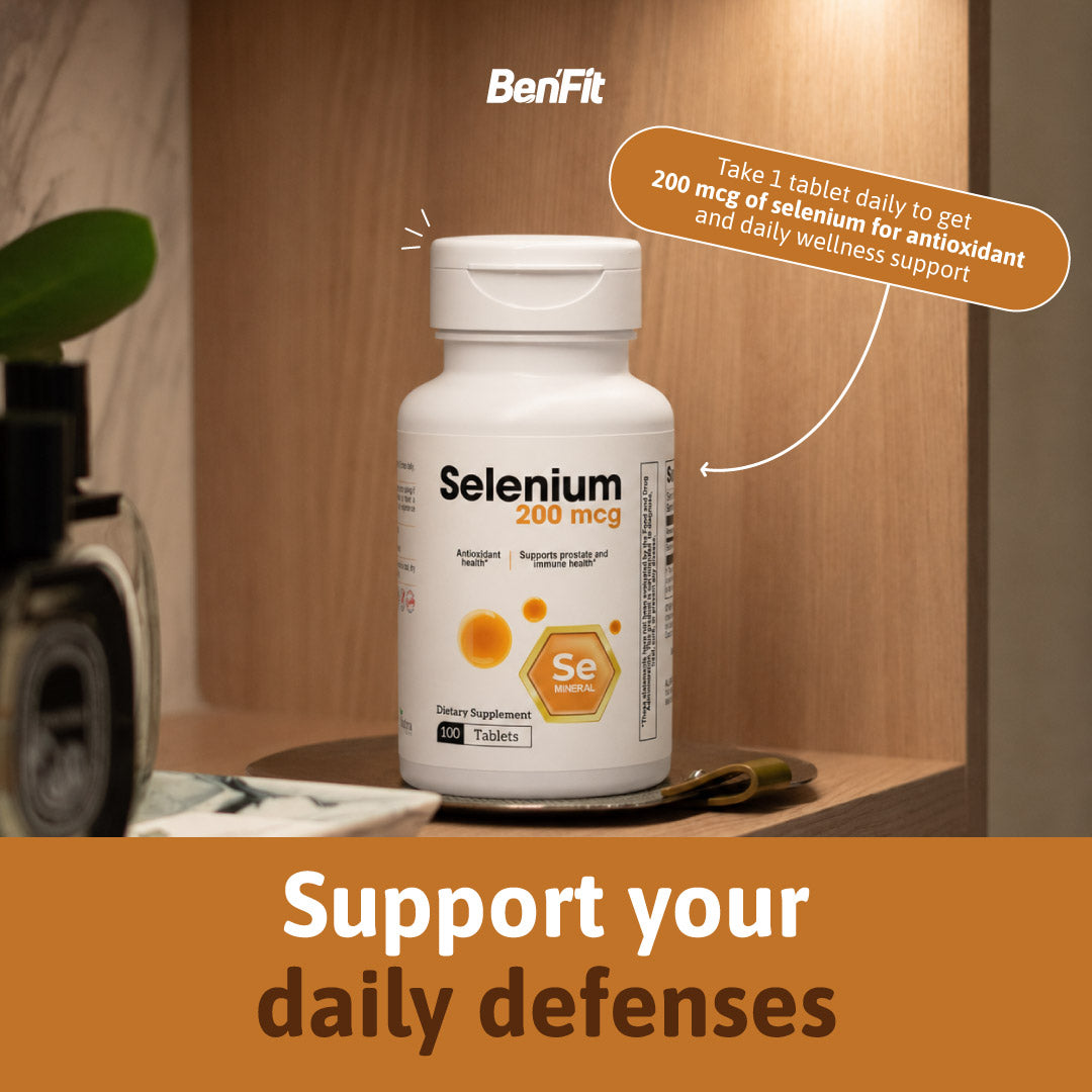 BenFit Selenium 200 mcg supplement with 100 tablets for daily antioxidant and wellness support.