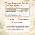 BenFit Selenium 200 mcg supplement facts panel featuring serving size, selenium content, usage directions, and ingredient information.