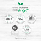 BenFit supplement quality image highlighting GMP manufacturing, FDA registered facility, USA made standards, NSF, and lab tested quality