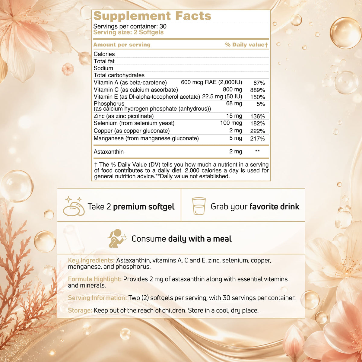 BenFit Trace Mineral Complex supplement facts panel featuring astaxanthin, vitamins A, C, and E, essential minerals, serving directions, and ingredient information.