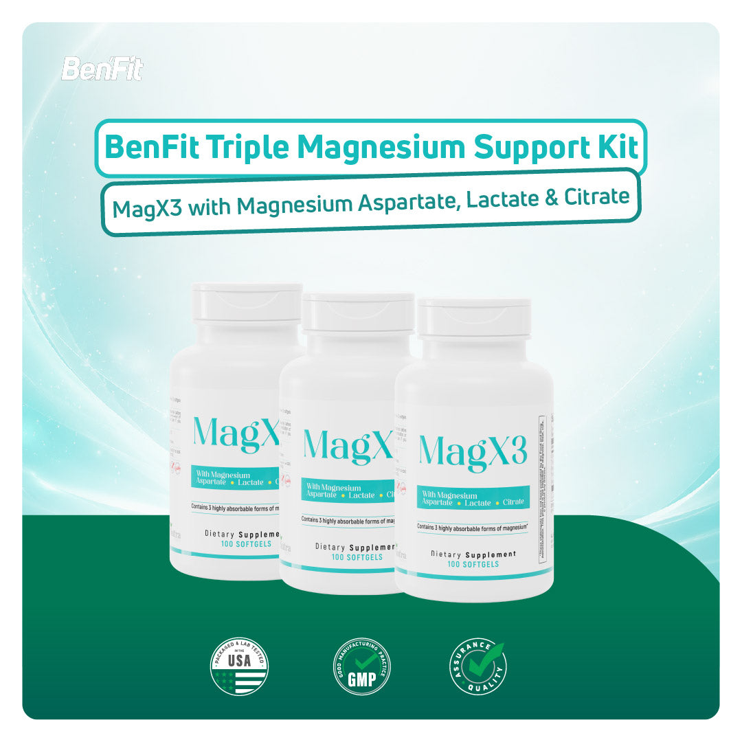 BenFit Triple Magnesium Support Kit featuring three MagX3 magnesium supplements with magnesium aspartate, lactate, and citrate for daily muscle and nerve support.