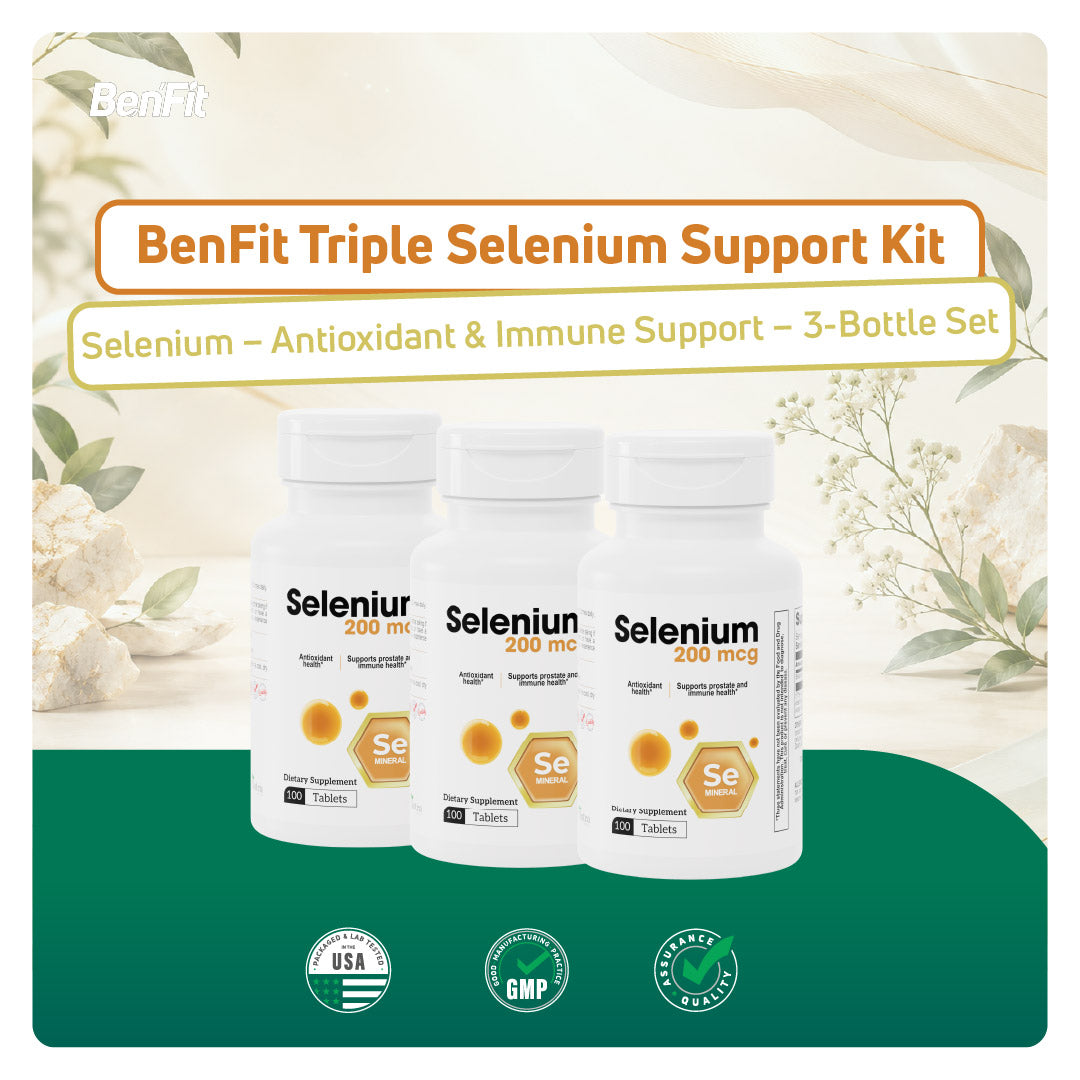 BenFit Triple Selenium Support Kit featuring three Selenium 200 mcg bottles for daily antioxidant and immune support in a convenient three-bottle set.