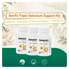 BenFit Triple Selenium Support Kit featuring three Selenium 200 mcg bottles for daily antioxidant and immune support in a convenient three-bottle set.