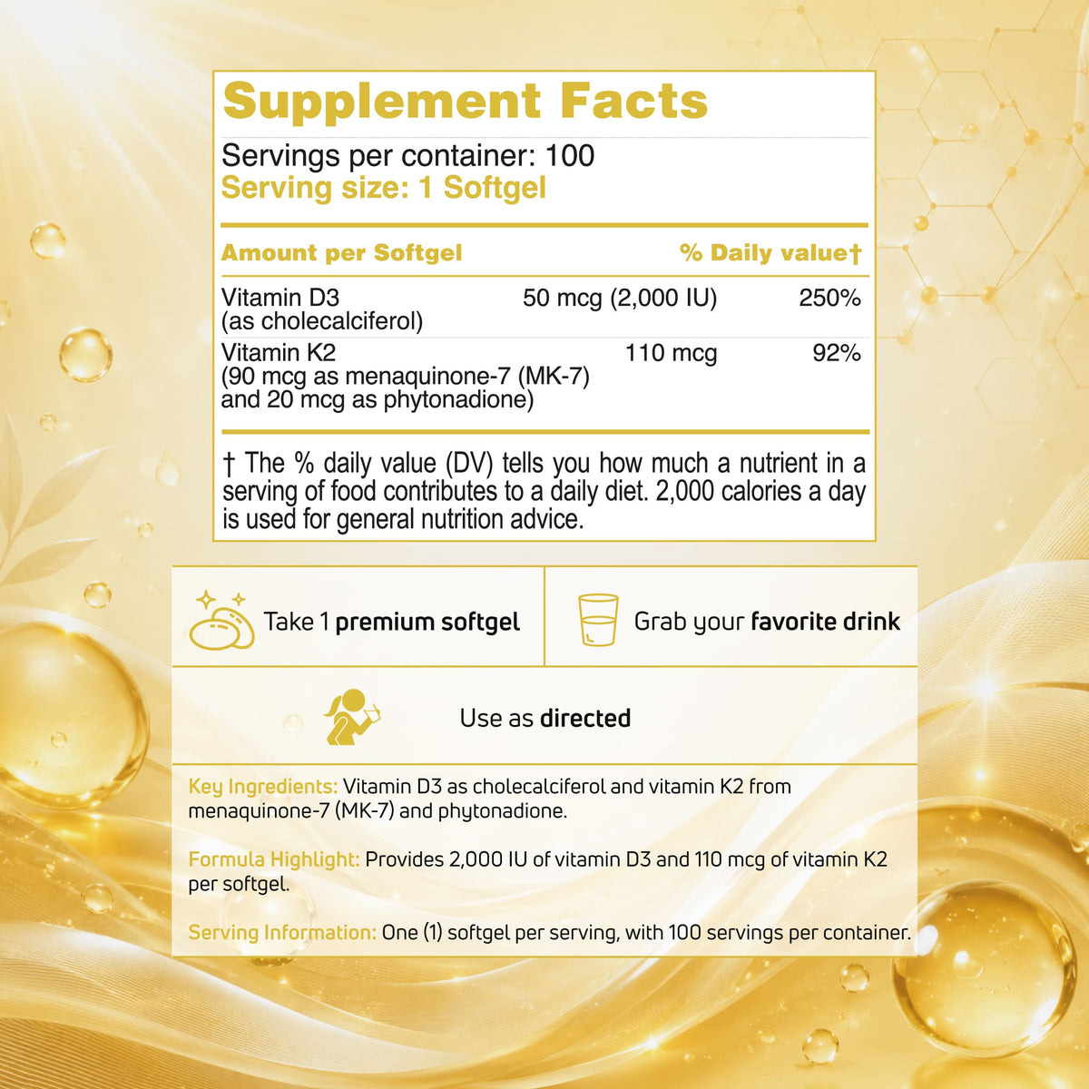 BenFit Vitamin D3 + K2 supplement facts panel featuring vitamin D3, vitamin K2, serving directions, and key ingredient information.