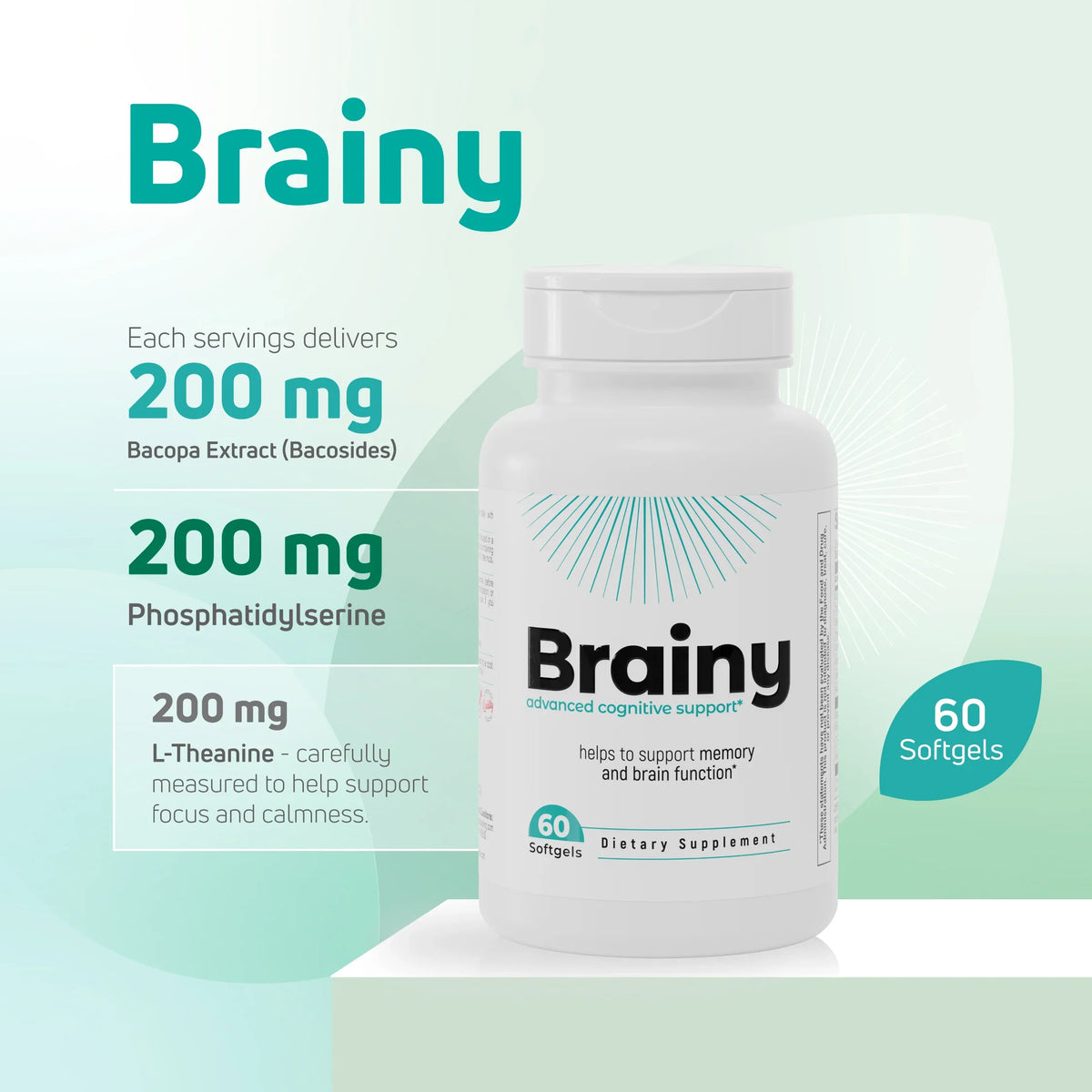 Brainy cognitive support supplement with Bacopa extract, phosphatidylserine, L-Theanine and 60 softgels