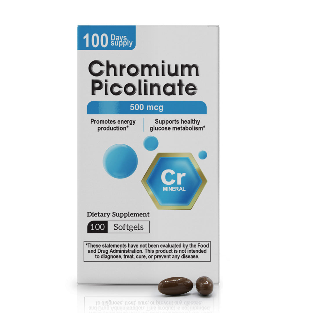 Chromium Picolinate 500 mcg supplement box with 100 softgels and softgel capsules
