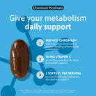 Chromium Picolinate providing 500 mcg of chromium and 50 mg of Vitamin C, with one softgel per serving for daily metabolic and antioxidant support.