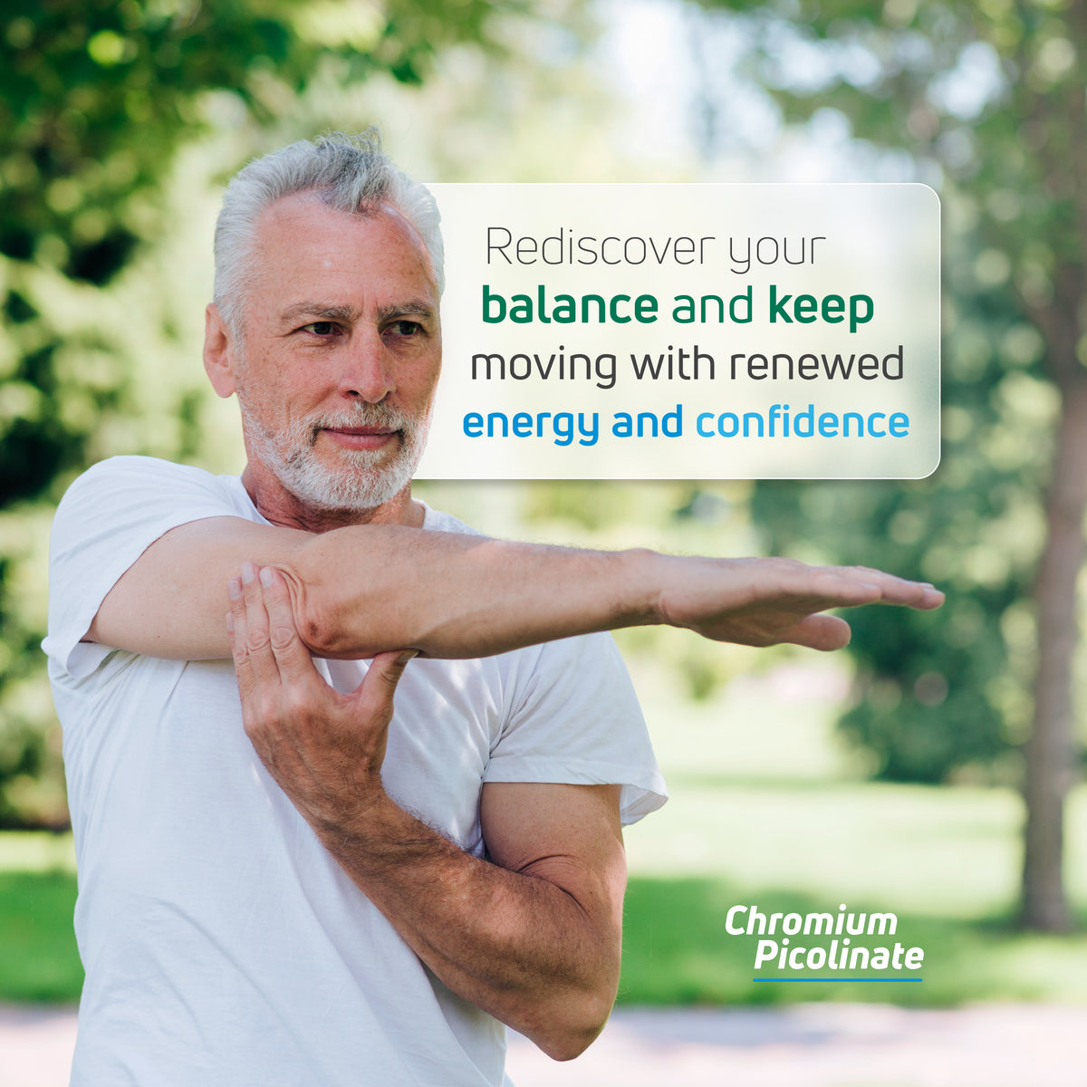 Chromium Picolinate lifestyle image with adult man stretching outdoors for balance, energy and confidence