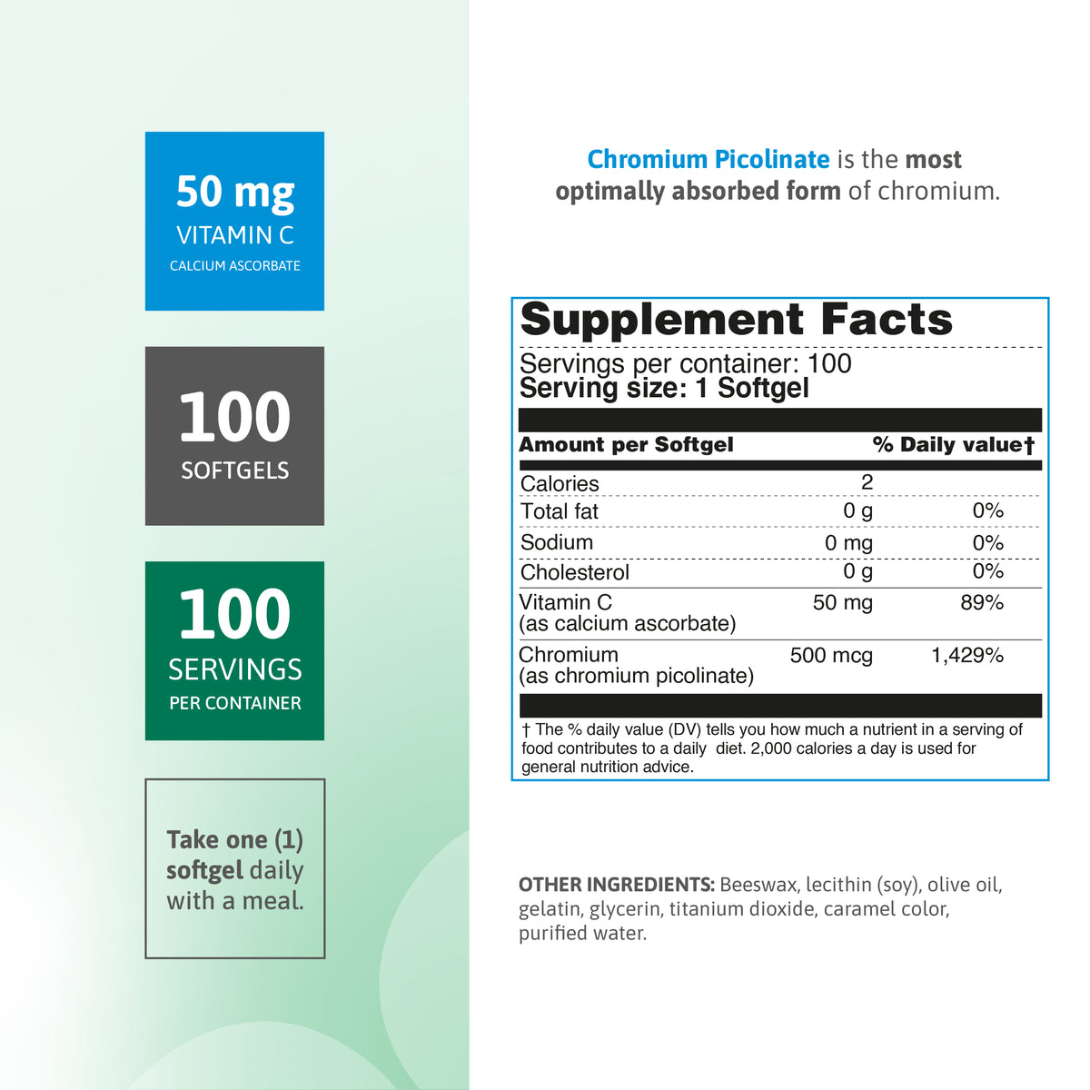 Chromium Picolinate supplement facts panel with 500 mcg chromium and 50 mg Vitamin C