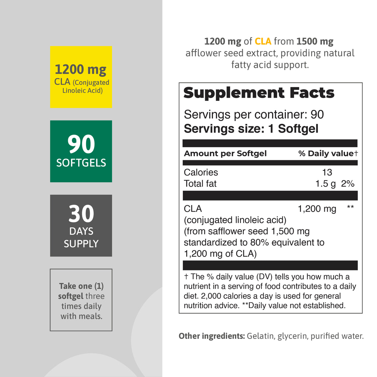 CLA 1200 mg supplement facts panel with 90 softgels and safflower seed extract information