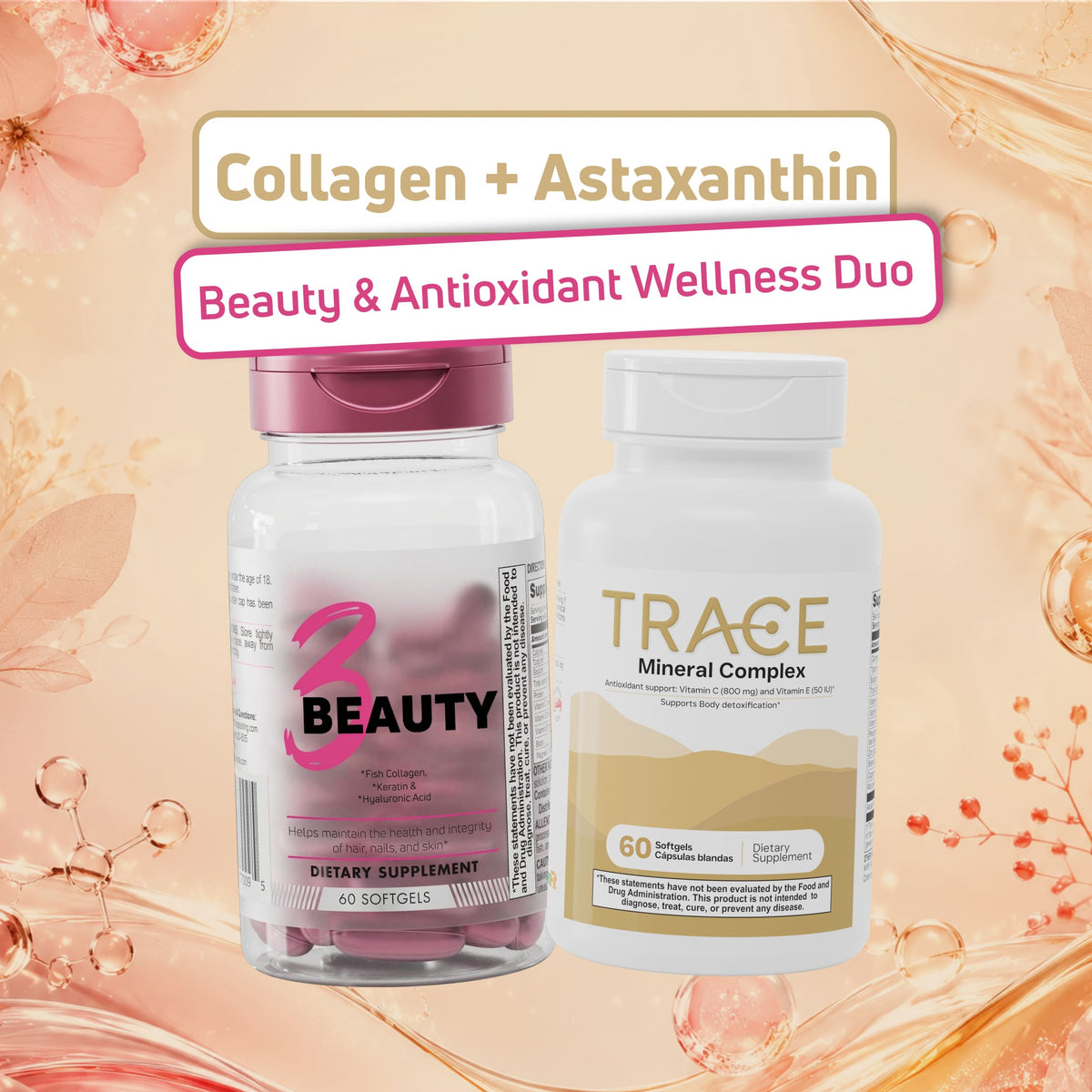 Collagen + Astaxanthin Beauty & Antioxidant Wellness Duo featuring BenFit 3 Beauty collagen softgels and Trace Astaxanthin Mineral Complex for daily beauty and antioxidant support.