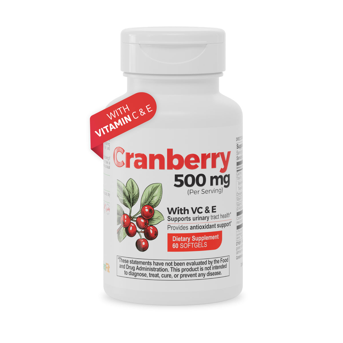 Cranberry 500 mg with Vitamin C and E dietary supplement bottle with 60 softgels on a white background.