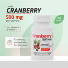 Cranberry 500 mg supplement with Vitamin C and E, 60 softgels, shown with product benefits and daily care information.