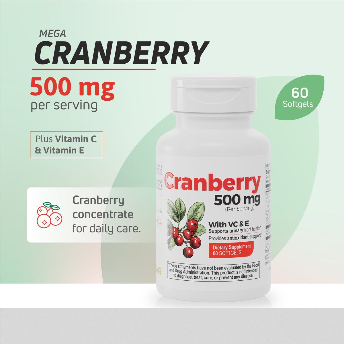 Cranberry 500 mg supplement with Vitamin C and E, 60 softgels, shown with product benefits and daily care information.