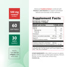 Supplement facts for Cranberry 500 mg with Vitamin C and E, showing 60 softgels, 30-day supply and suggested use.