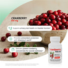 Cranberry 500 mg with Vitamin C and E supplement displayed with cranberries and urinary tract health support information.