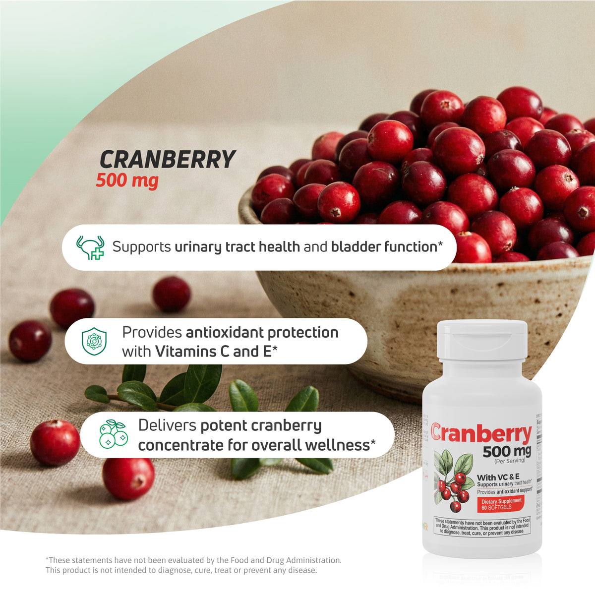 Cranberry 500 mg with Vitamin C and E supplement displayed with cranberries and urinary tract health support information.
