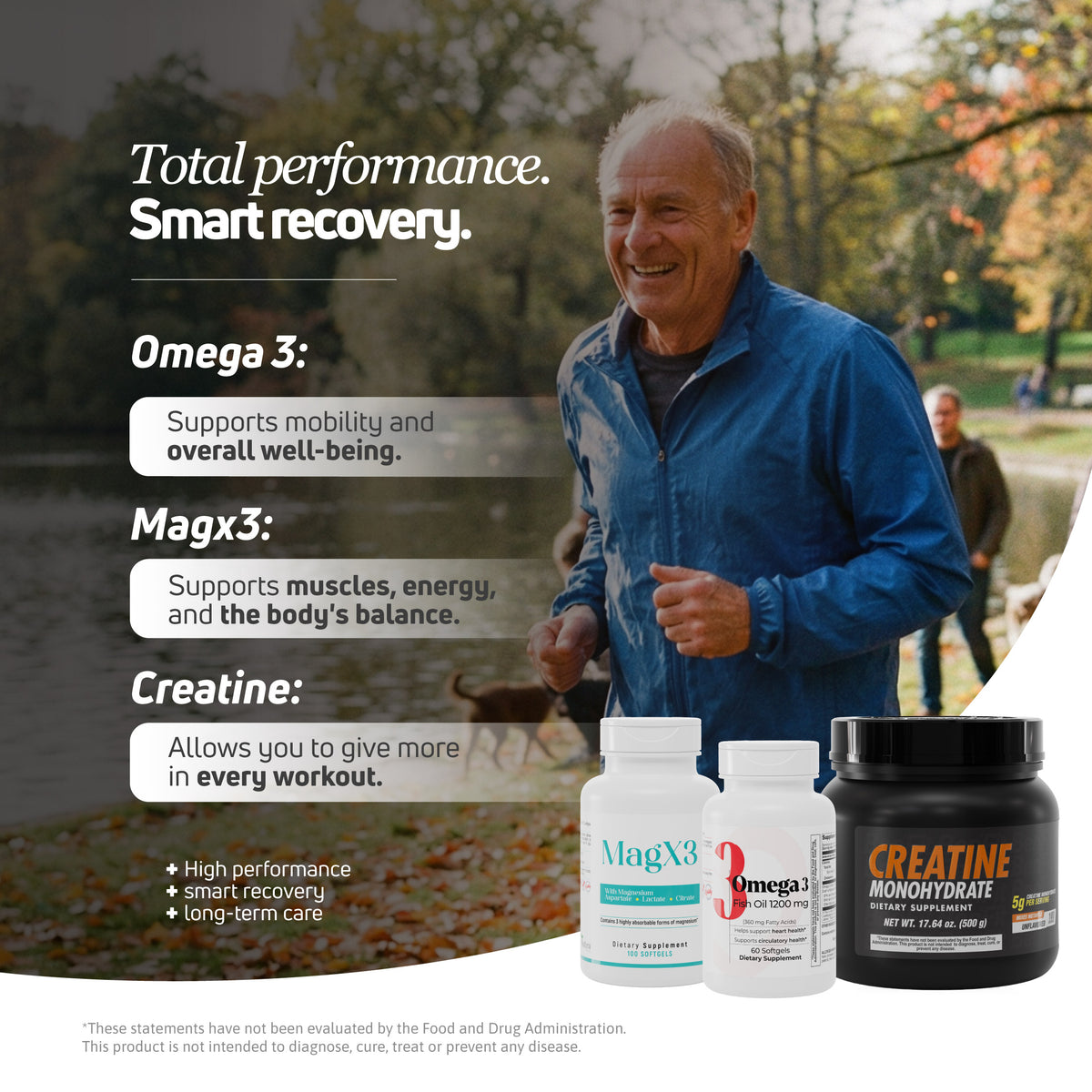 Creatine, MagX3, and Omega 3 bundle supporting total performance, smart recovery, mobility, and overall wellness.