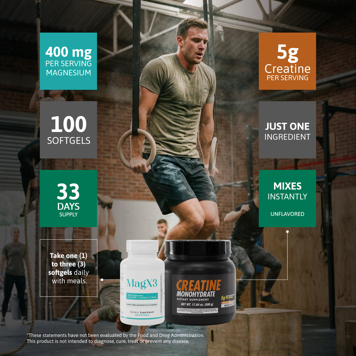 Creatine and MagX3 supplement bundle showing 5 g creatine and 400 mg magnesium per serving.