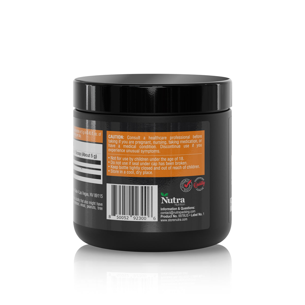 Back label view of Creatine Monohydrate 150 g supplement jar with product directions and barcode.