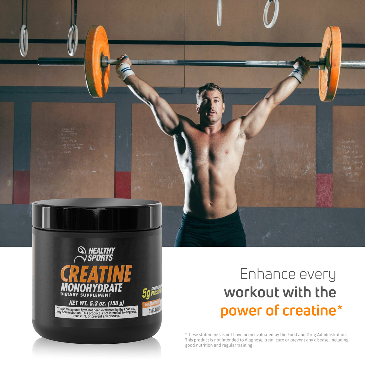 Man lifting weights with Creatine Monohydrate 150 g supplement for workout strength support.