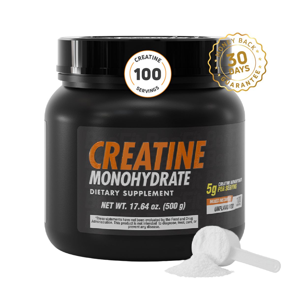 Creatine Monohydrate 500 g unflavored powder with 100 servings and 5 g creatine per serving.