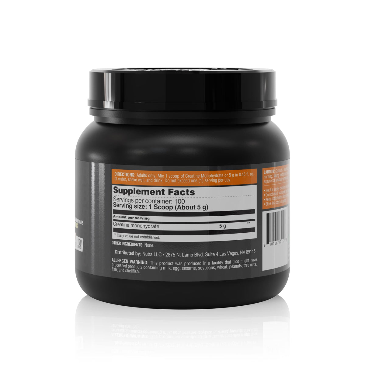 Back label of Creatine Monohydrate 500 g supplement showing serving size, supplement facts, directions, and product information
