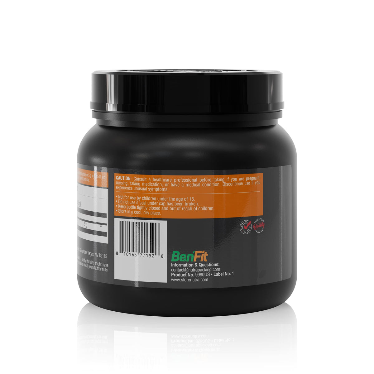 Creatine Monohydrate 500 g supplement back view with BenFit label, barcode, storage information, and product details