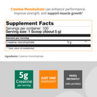 Creatine Monohydrate supplement facts showing 5 g creatine per serving, one ingredient, unflavored powder, and instant mixing