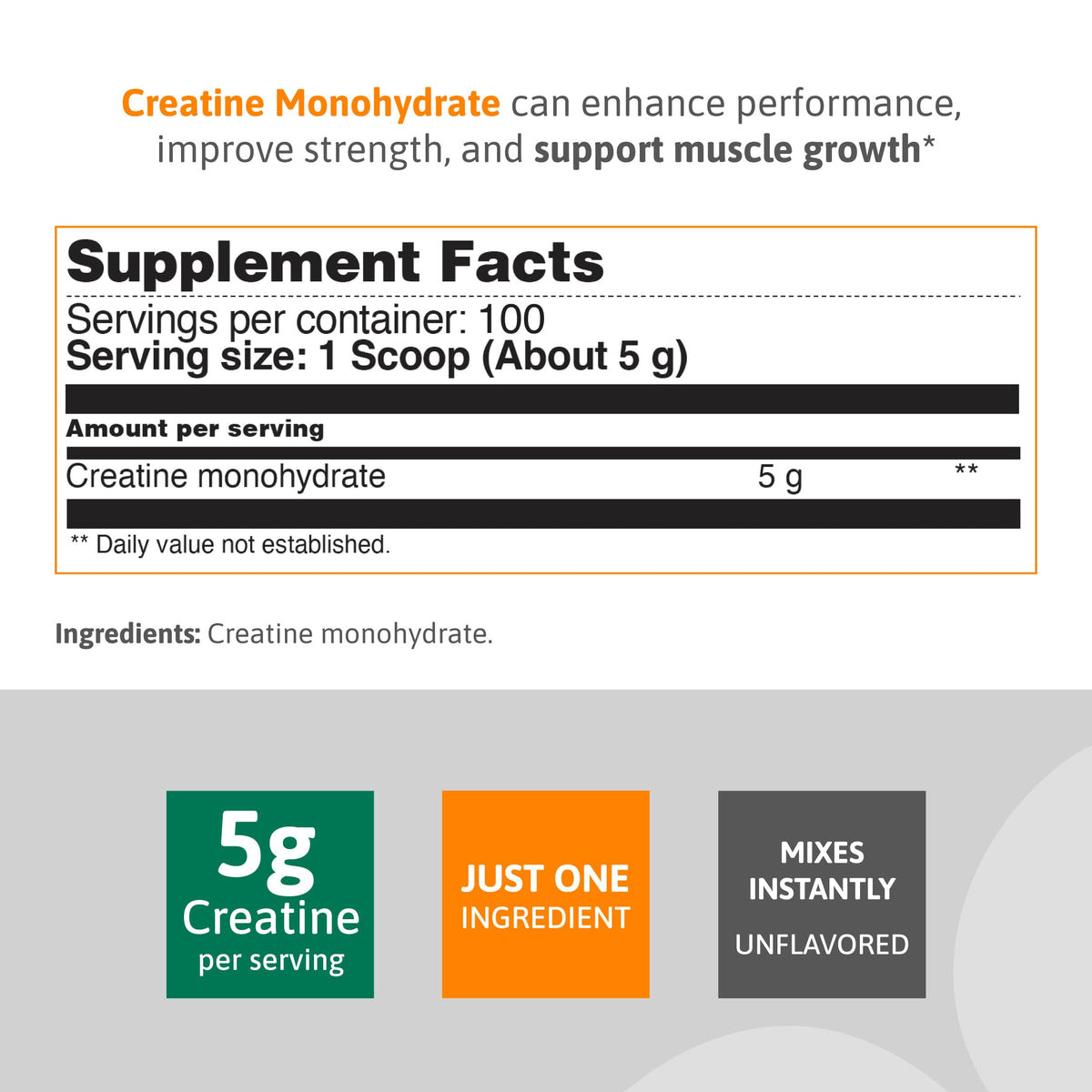 Creatine Monohydrate supplement facts showing 5 g creatine per serving, one ingredient, unflavored powder, and instant mixing