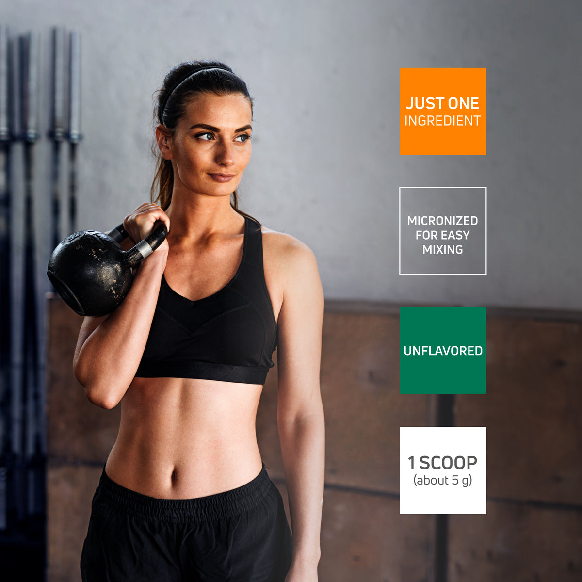 Female athlete holding kettlebell with Creatine Monohydrate features for fitness training support.