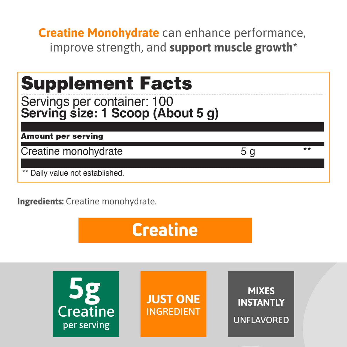 Creatine Monohydrate supplement facts with 5 g creatine per serving, one ingredient, and unflavored powder.